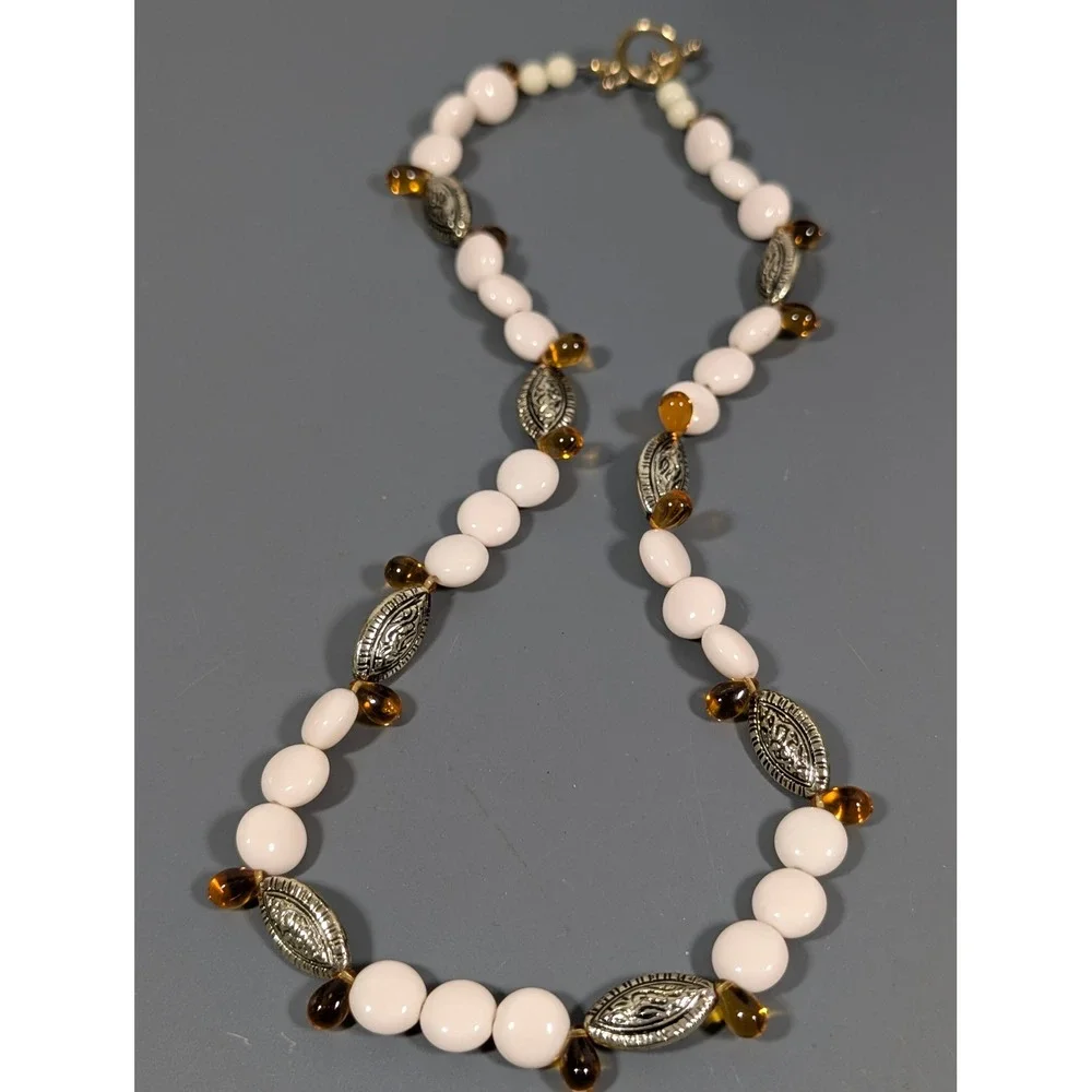Amber Glass Briolette Bead Necklace Cream Beads Toggle Clasp 20